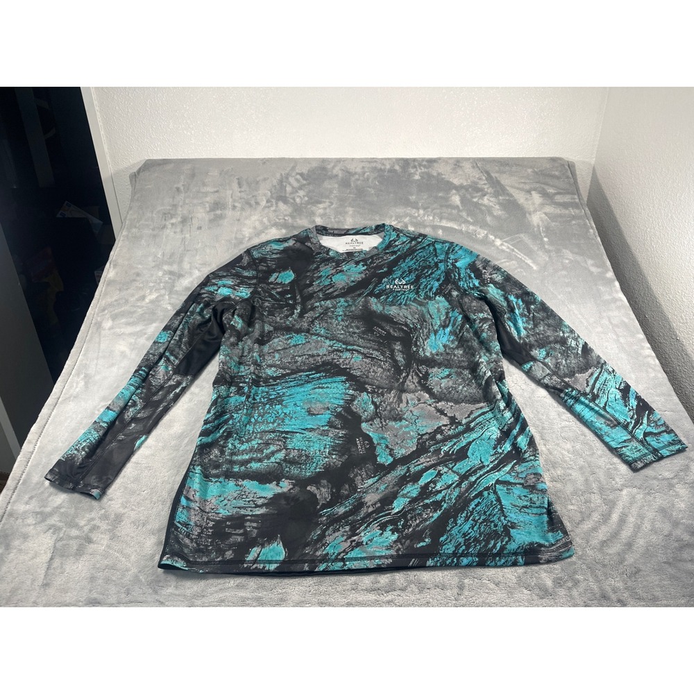 Realtree Fishing Mens 2XL Long Sleeve Performance Shirt Aspect Camo Teal Black